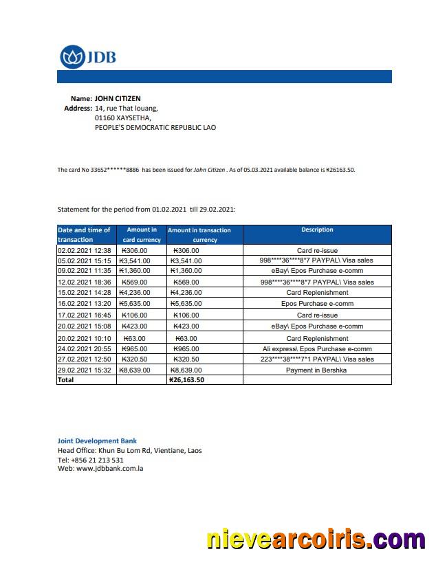 Laos Joint Development Bank (JDB) statement easy to fill in .xls and .pdf file format